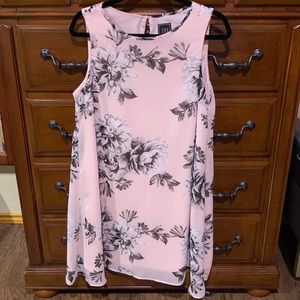 Blush colored dress with black and flowers
